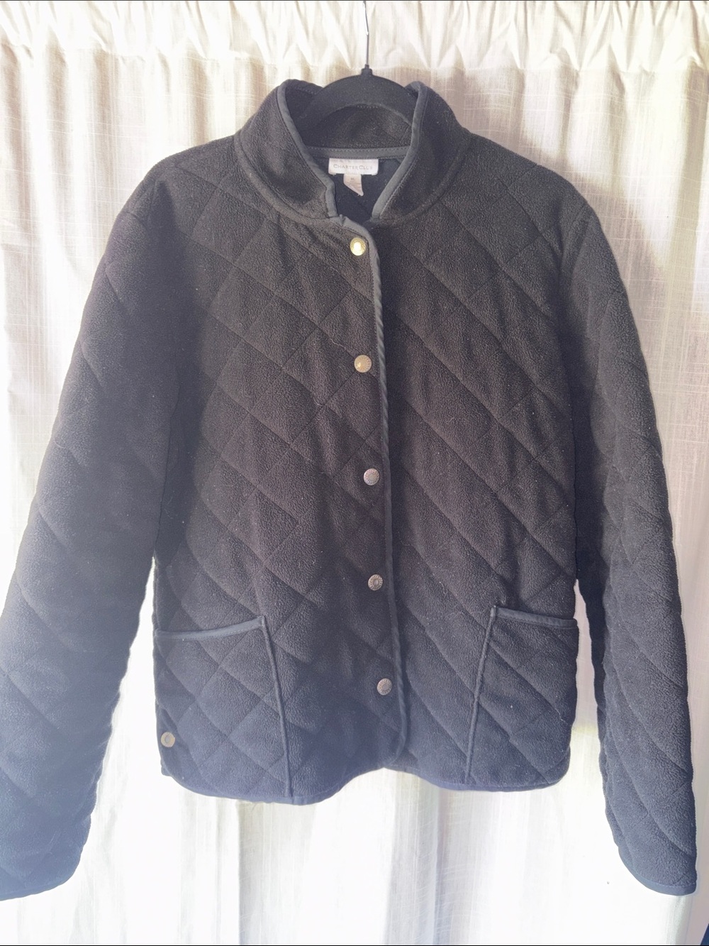 Charter Club Black Quilted Snap-Front Puffer Jacket with Patch Pockets